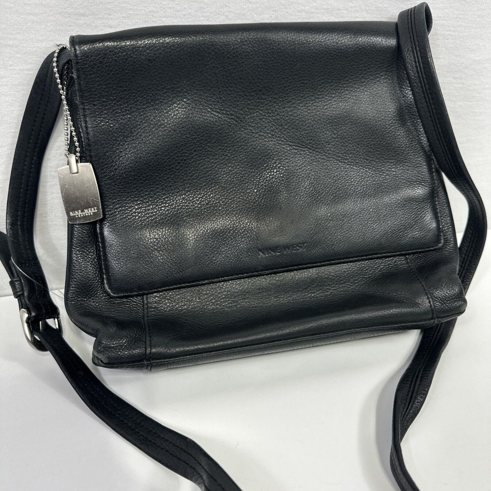 Nine West Shoulder Bag Purse Black‎ Genuine Leather Crossbody Adjustable